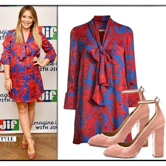 $450 ALICE + OLIVIA Bow Neck Tie Vibrant Blue & Red Floral Mini Dress – Large - Picture 1 of 13